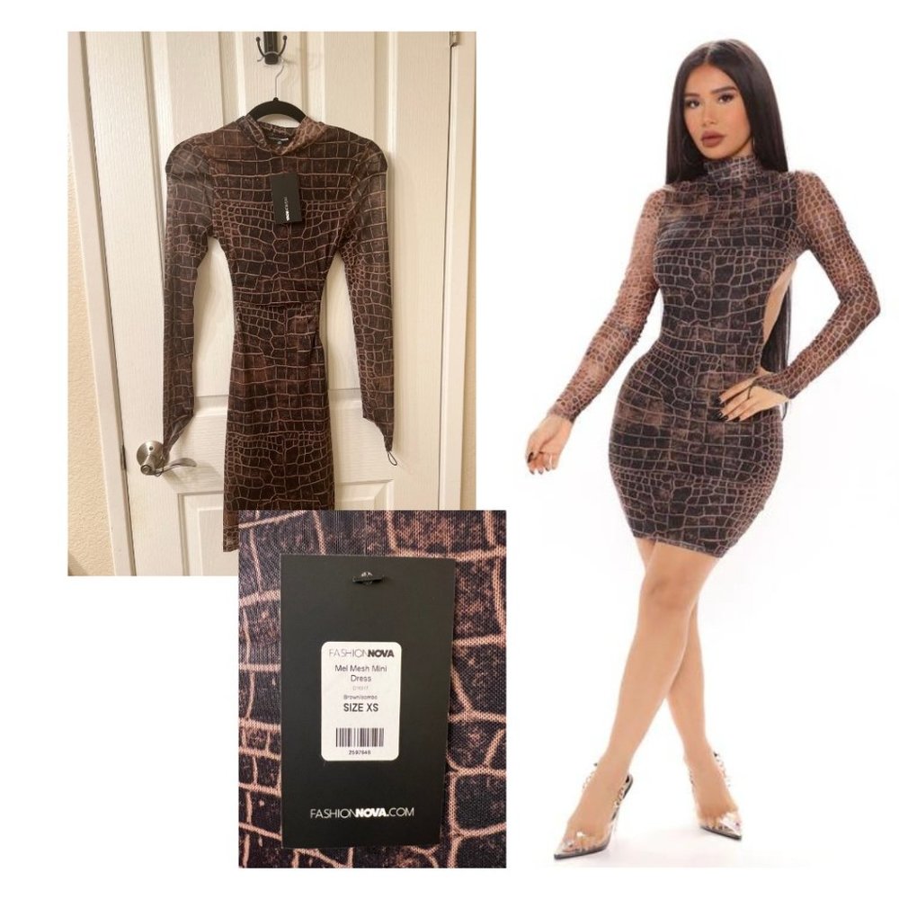 Fashion Nova Mel Mesh Mini Dress | Brown Snakeskin | XS